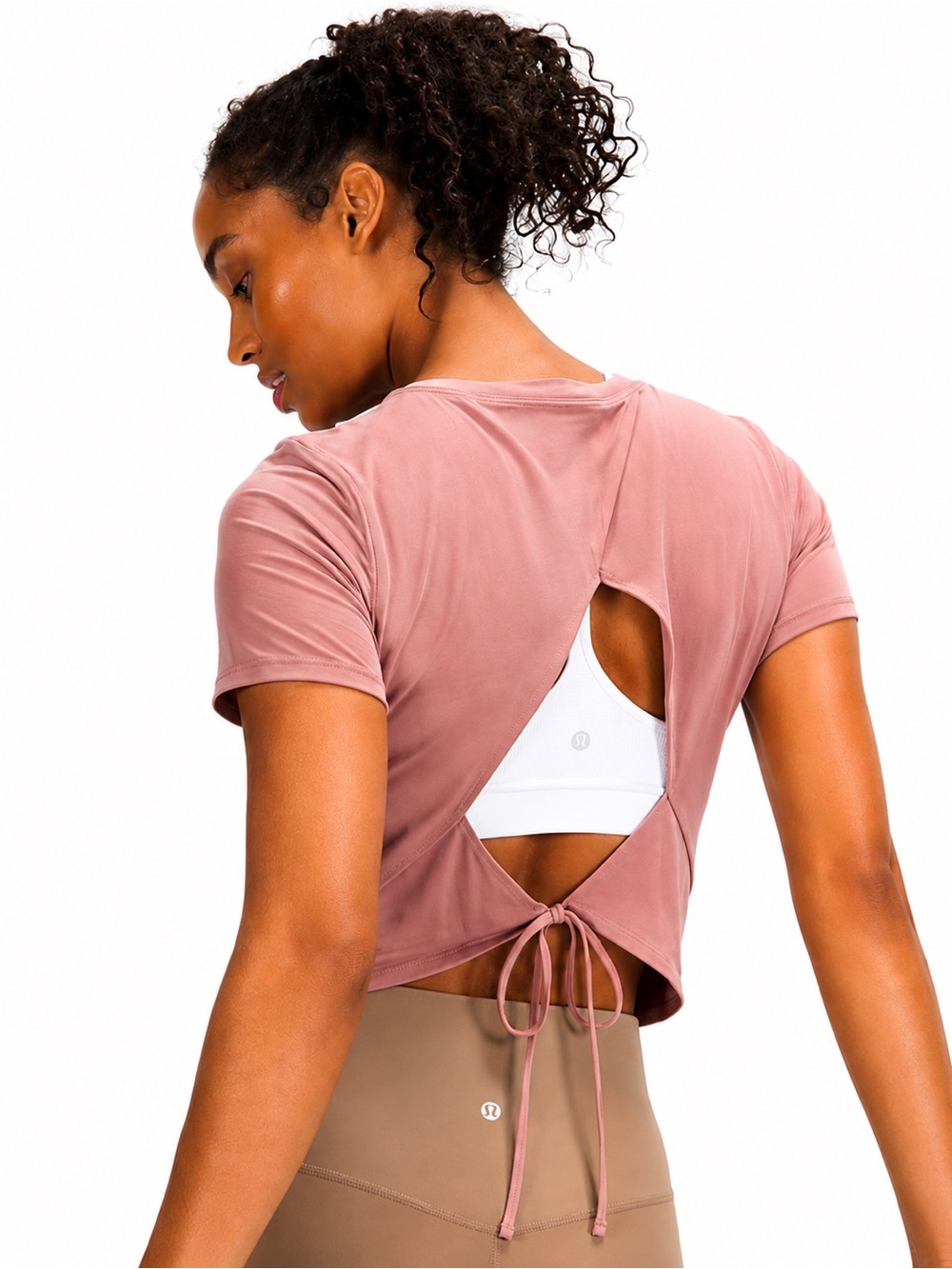 Lululemon Open Tie-Back Short Sleeve 0714 Top Dusty rose pink cutout viscose 6